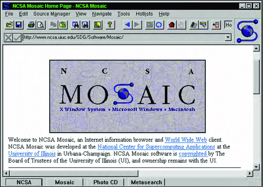 Screenshot of the Mosaic browser, displaying the NCSA's home page.... | Download Scientific Diagram