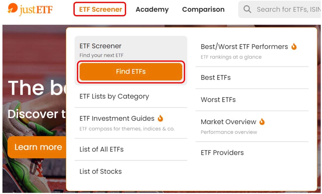 A justETF.com-on az ETF szűrő pár kattintással elérhető.